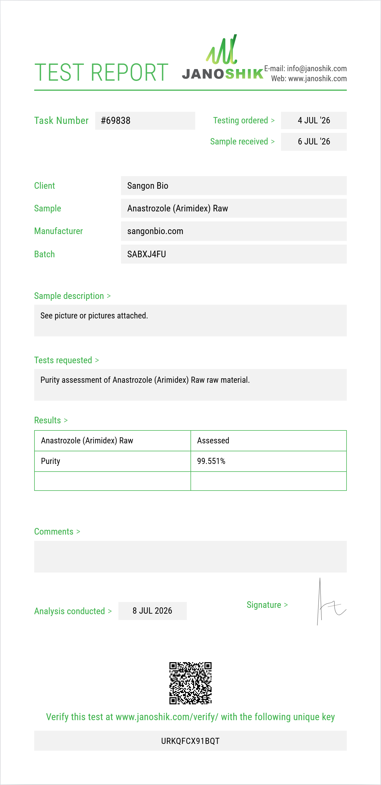 Anastrozole (Arimidex) Raw Purity (HPLC) report by Janoshik Analytical