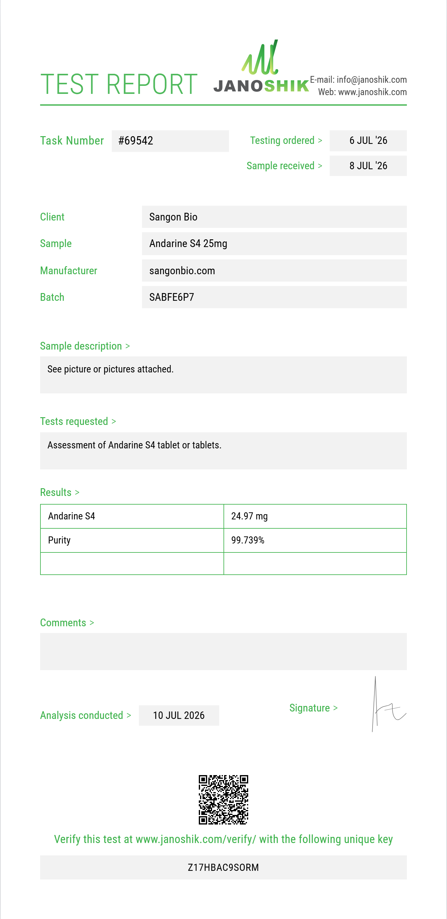 Andarine S4 Purity (HPLC) report by Janoshik Analytical