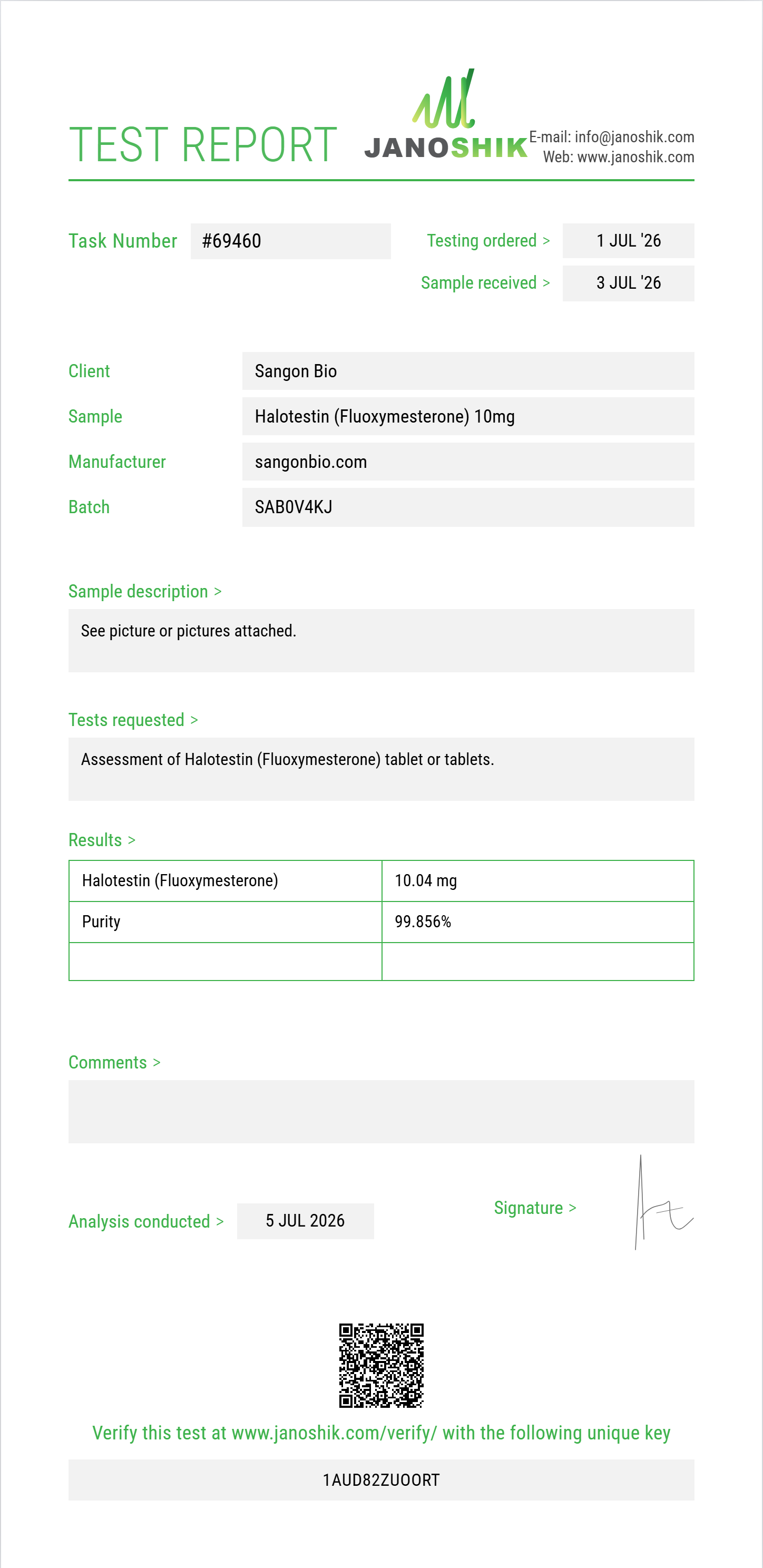 Halotestin (Fluoxymesterone) Purity (HPLC) report by Janoshik Analytical