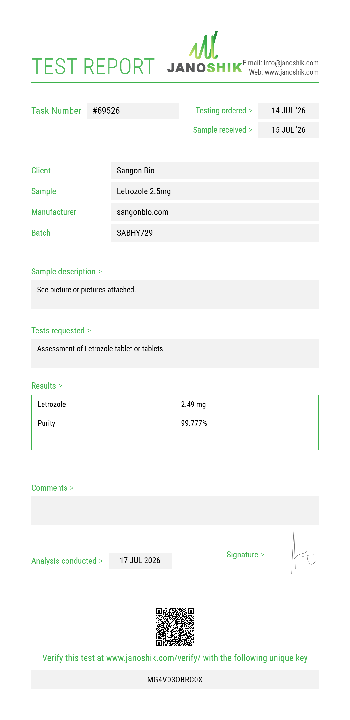 Letrozole Purity (HPLC) report by Janoshik Analytical
