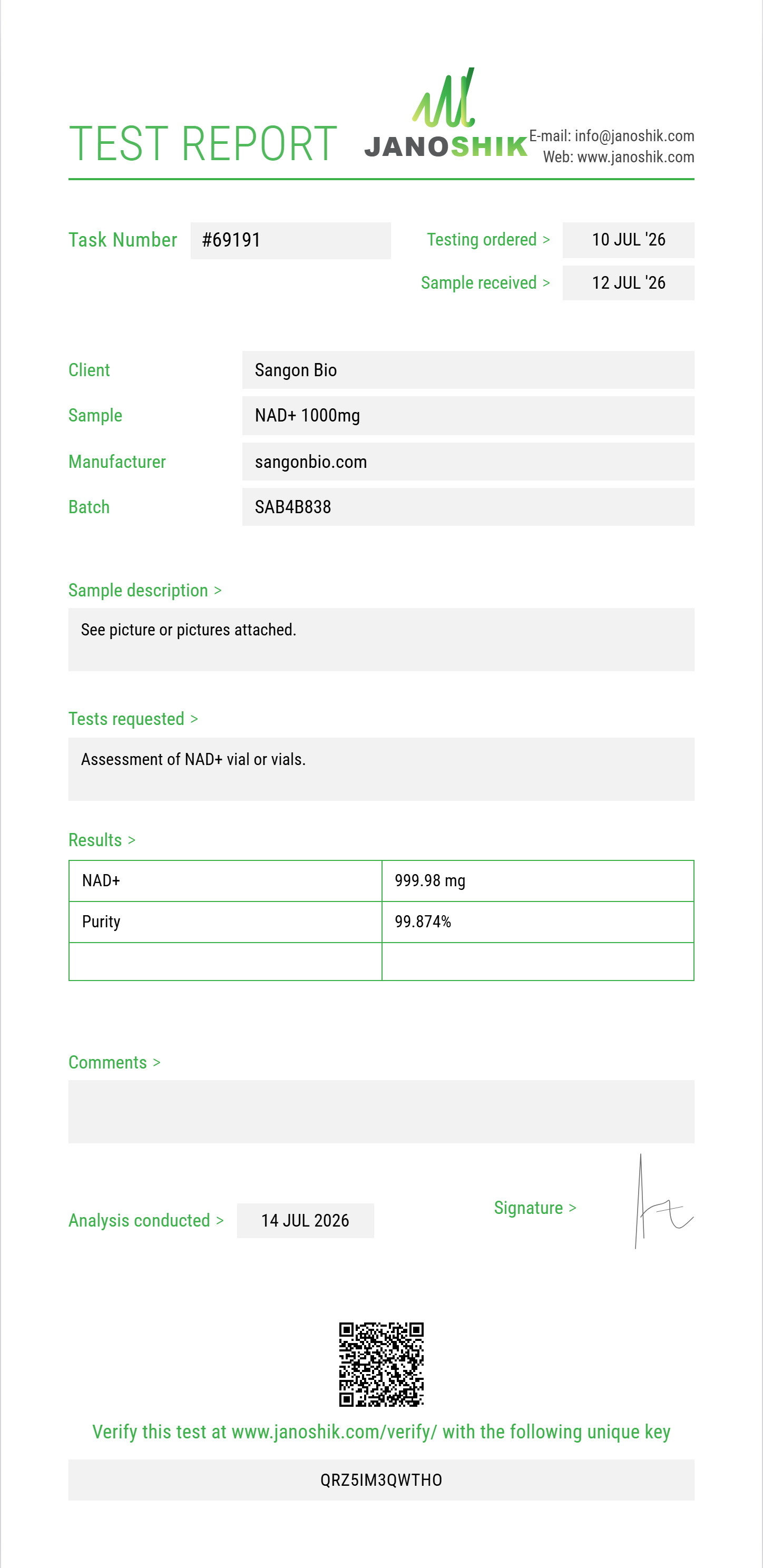 NAD+ Purity (HPLC) report by Janoshik Analytical