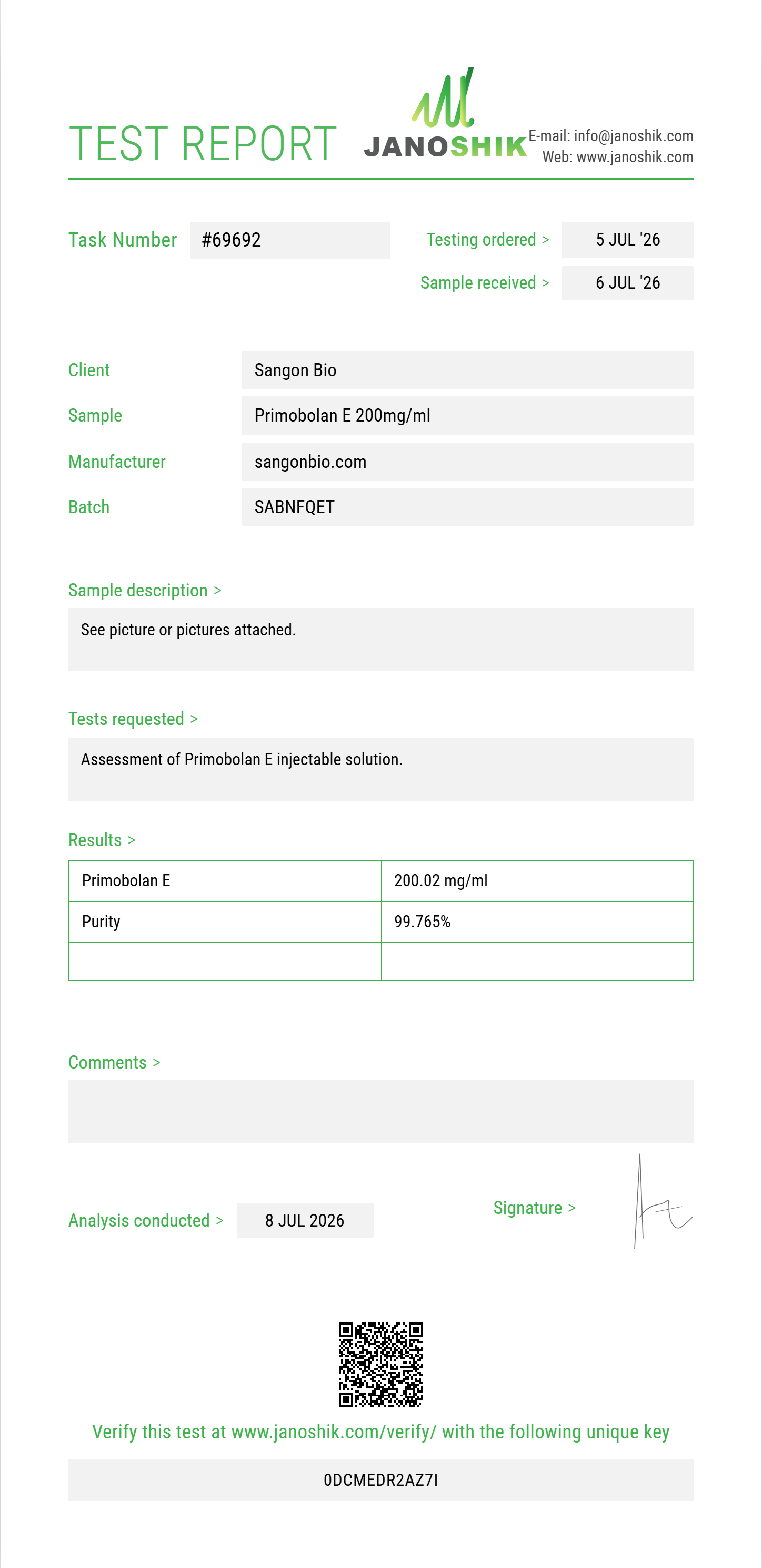 Primobolan E Purity (HPLC) report by Janoshik Analytical