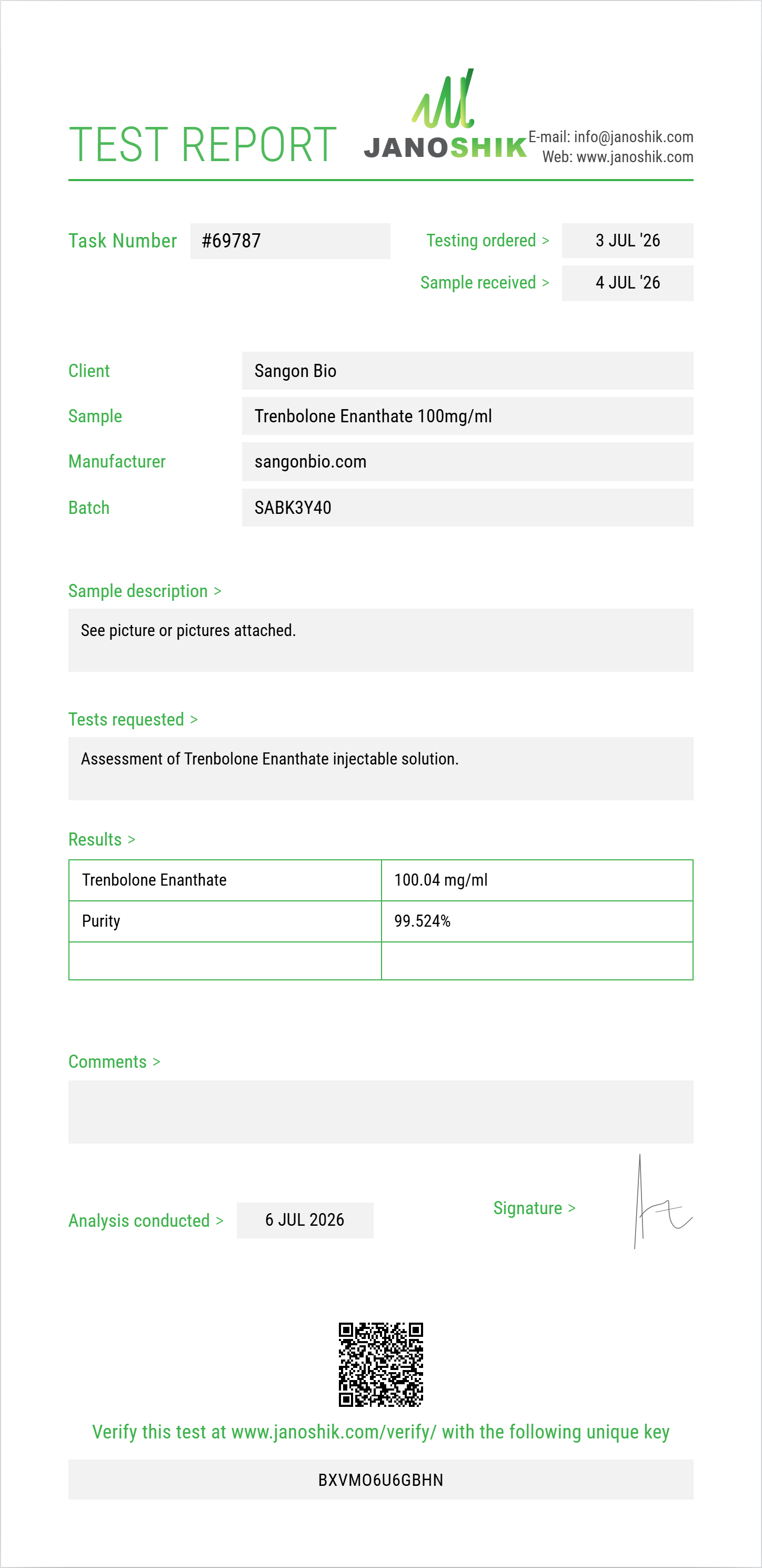 Trenbolone Enanthate Purity (HPLC) report by Janoshik Analytical